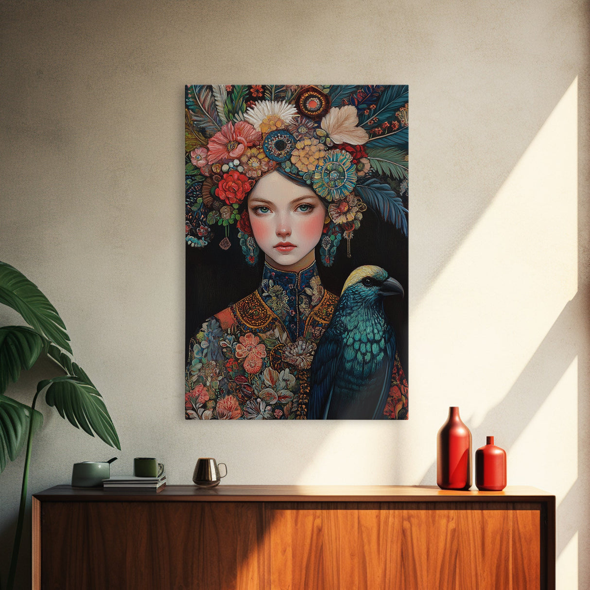 Goddess Art Framed Canvas Print Featuring Whimsical Floral Headdress and Bird Art, Boho Bedroom Art with Vibrant Chinoiserie Vibes