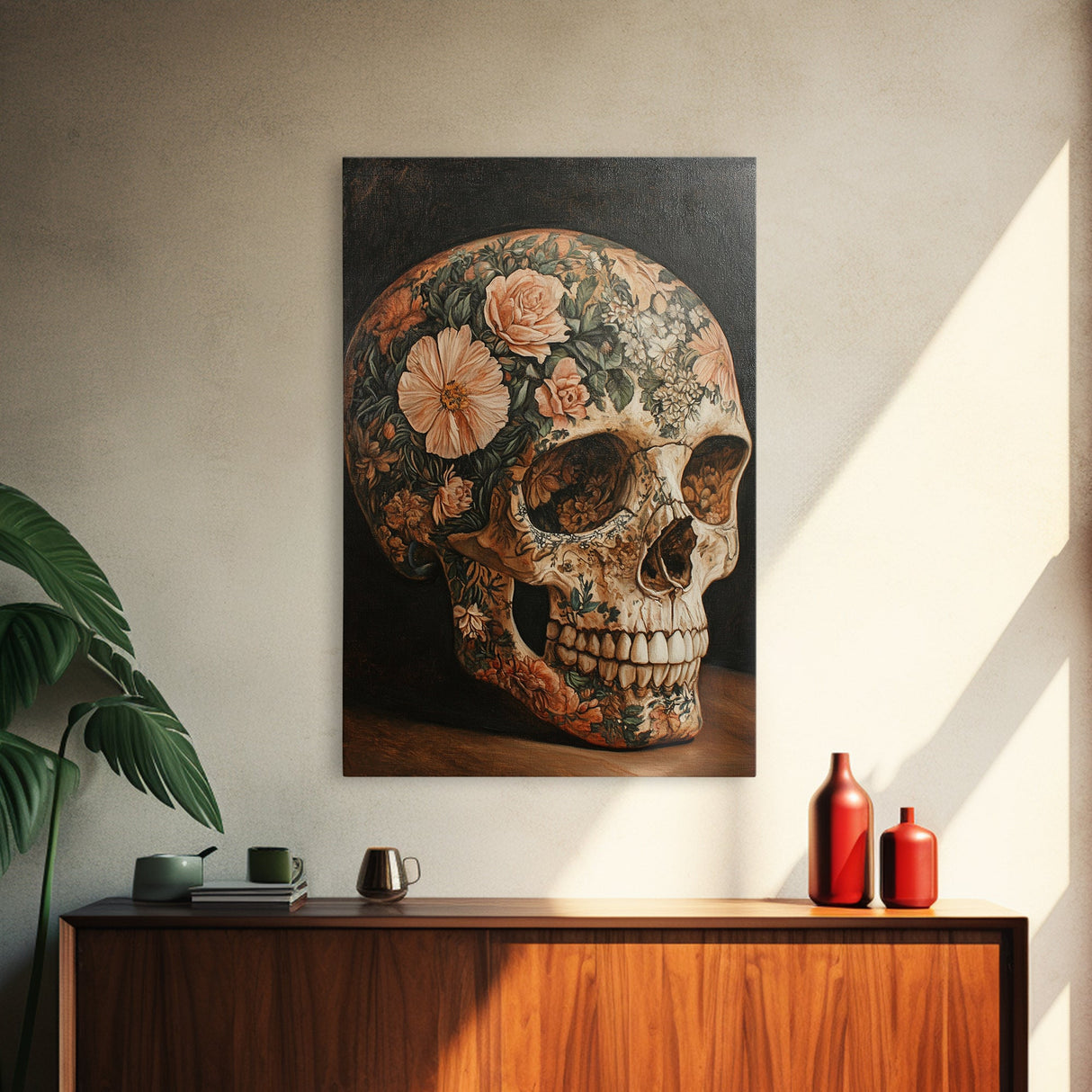 Skull Art Framed Canvas Print Featuring Floral Boho Design in Rustic Chinoiserie Style, Gothic Bedroom Art and Halloween Wall Decor