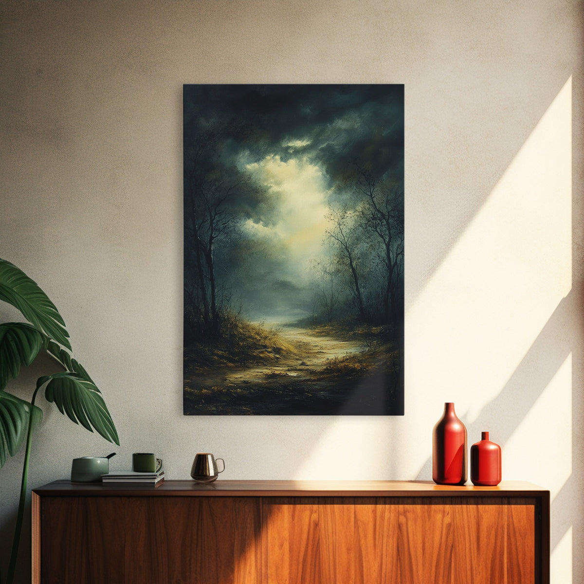 Forest at Dusk Framed Canvas Print with Moody Dark Romance Painting, Fall-Inspired Smoky Mountain Art Perfect Above Bed Wall Decor