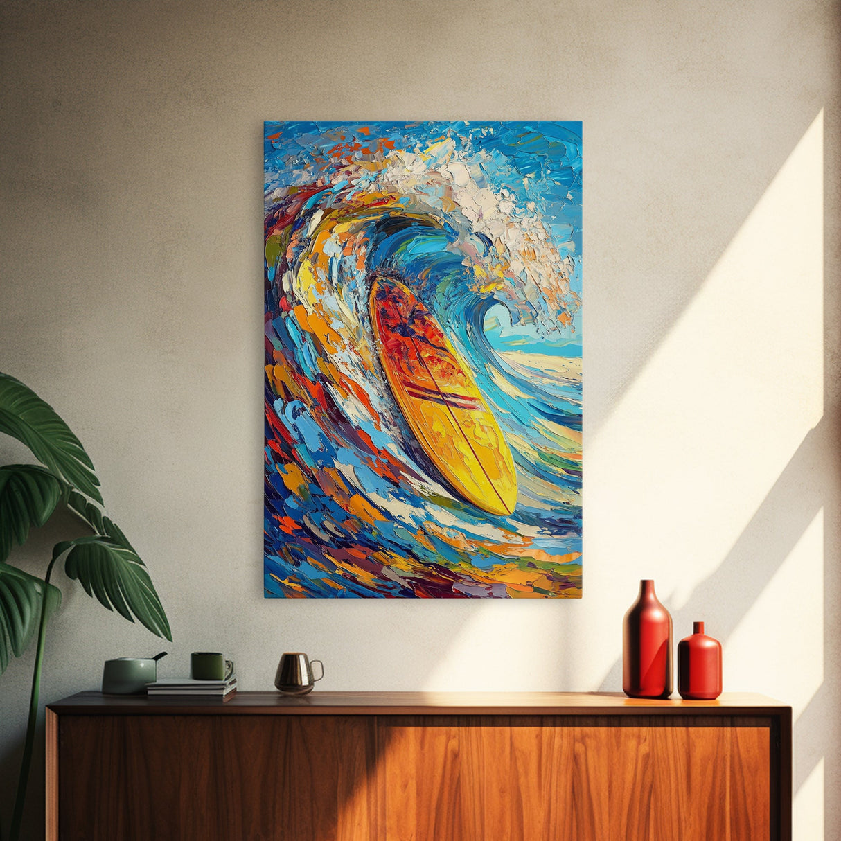 Energetic Surfboard Wave Canvas Print with Bold Abstract Coastal Painting and Nautical Decor for Extra Wide Wall Art Display