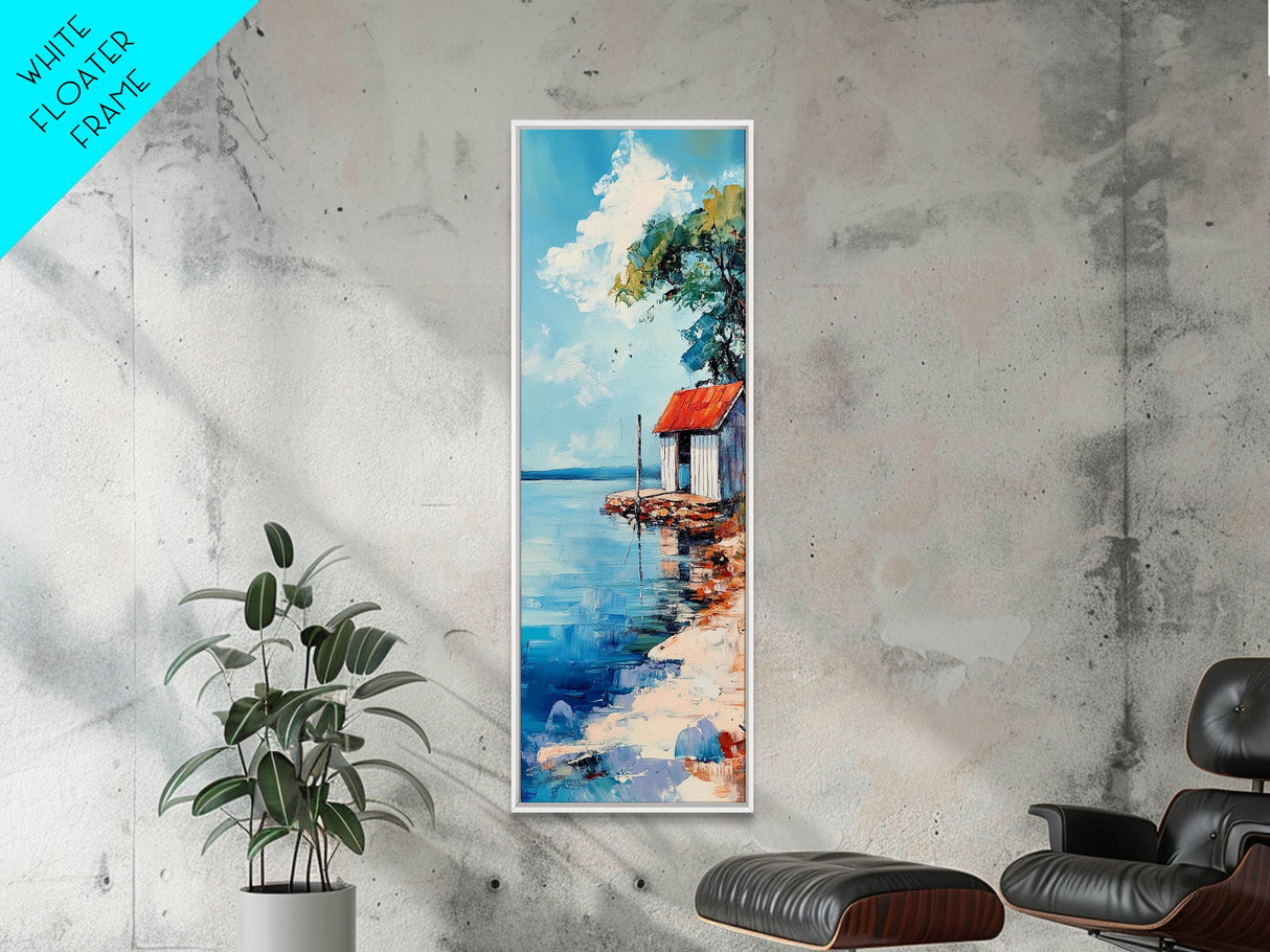 Lakeside Cabin, coastal landscape art, nautical decor, rustic art, beach house wall art, above bed wall art, Framed Canvas Print