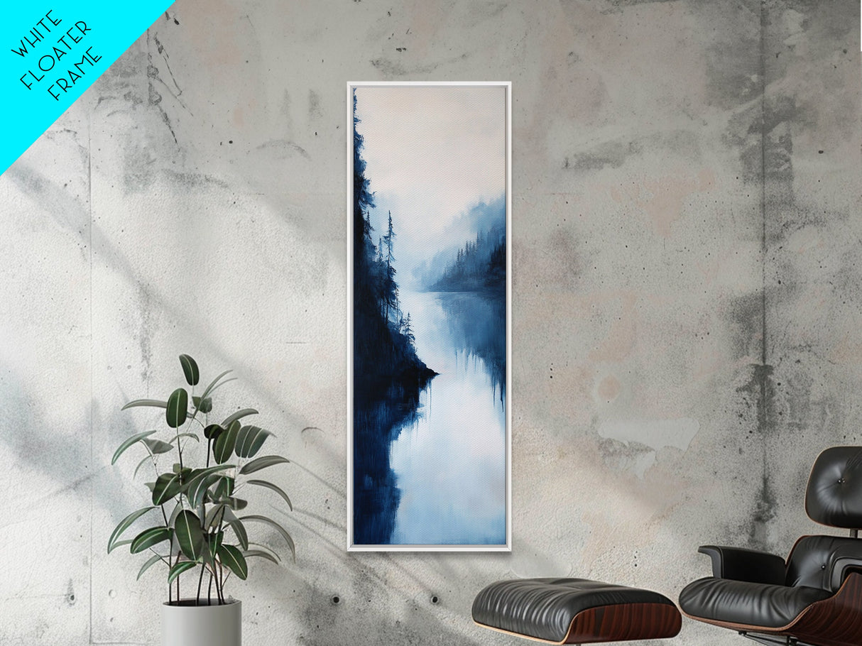 Misty Lake, pine tree art, moody art, mountain painting, wabi sabi art, blue and green wall art, Framed Canvas Print, rustic wall art