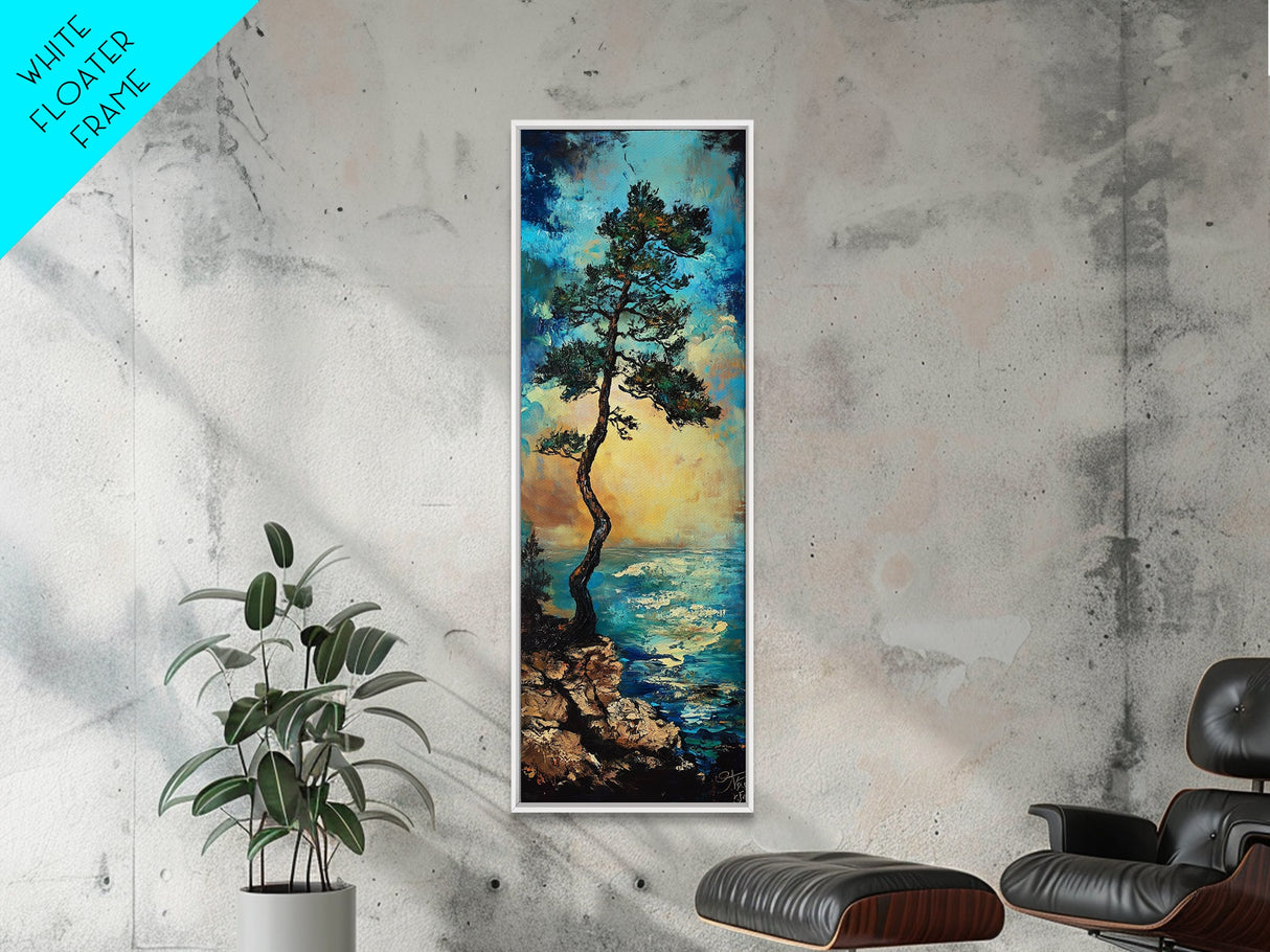 Windblown Pine, Ocean Painting, Moody Art, Coastal Landscape, Nautical Decor, Framed Canvas Print, Bedroom Art