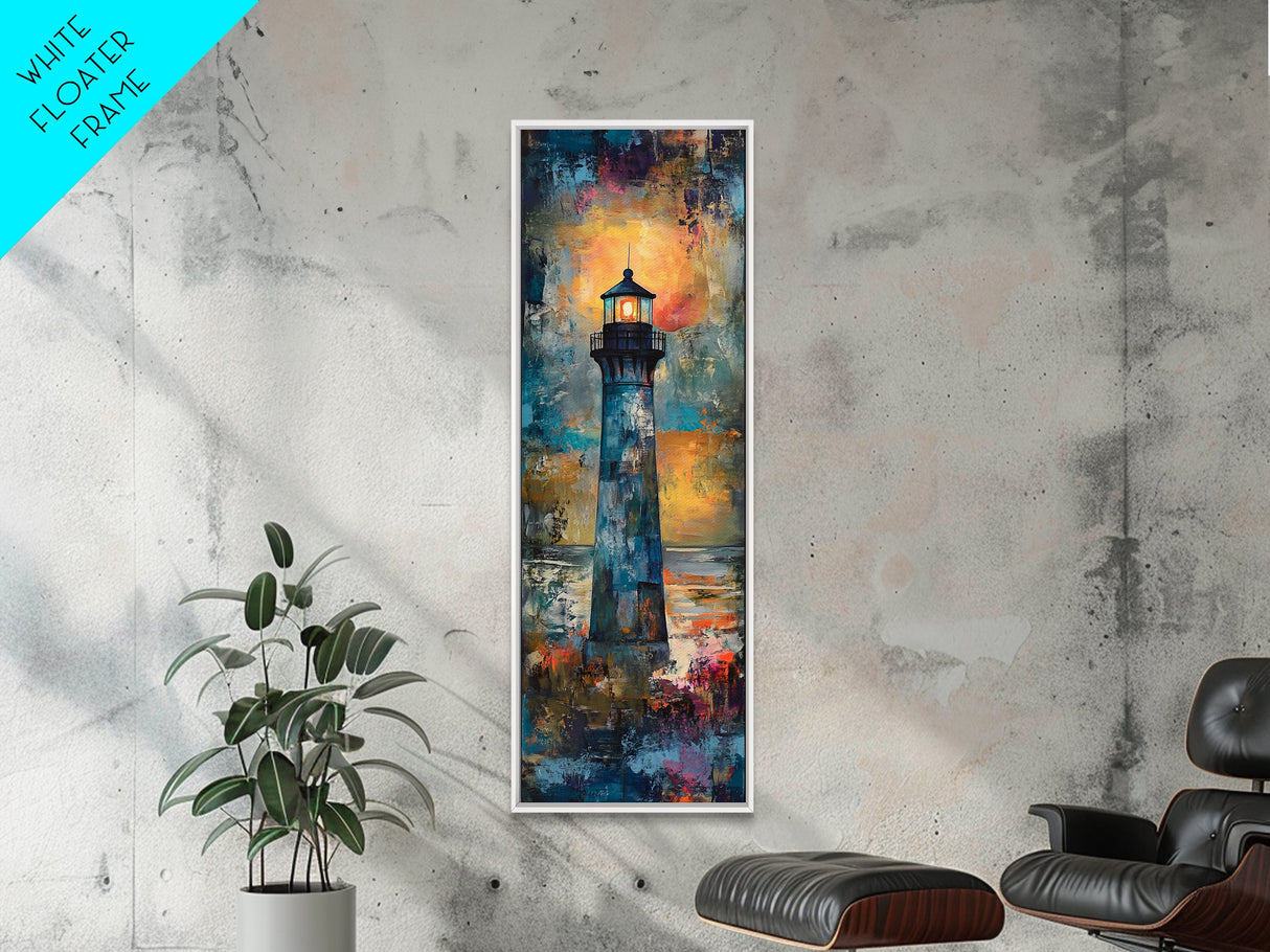 Lighthouse Glow, Moody Seascape, Nautical Painting, Coastal Decor, Sunset Wall Art, Framed Canvas Print, Bedroom Art