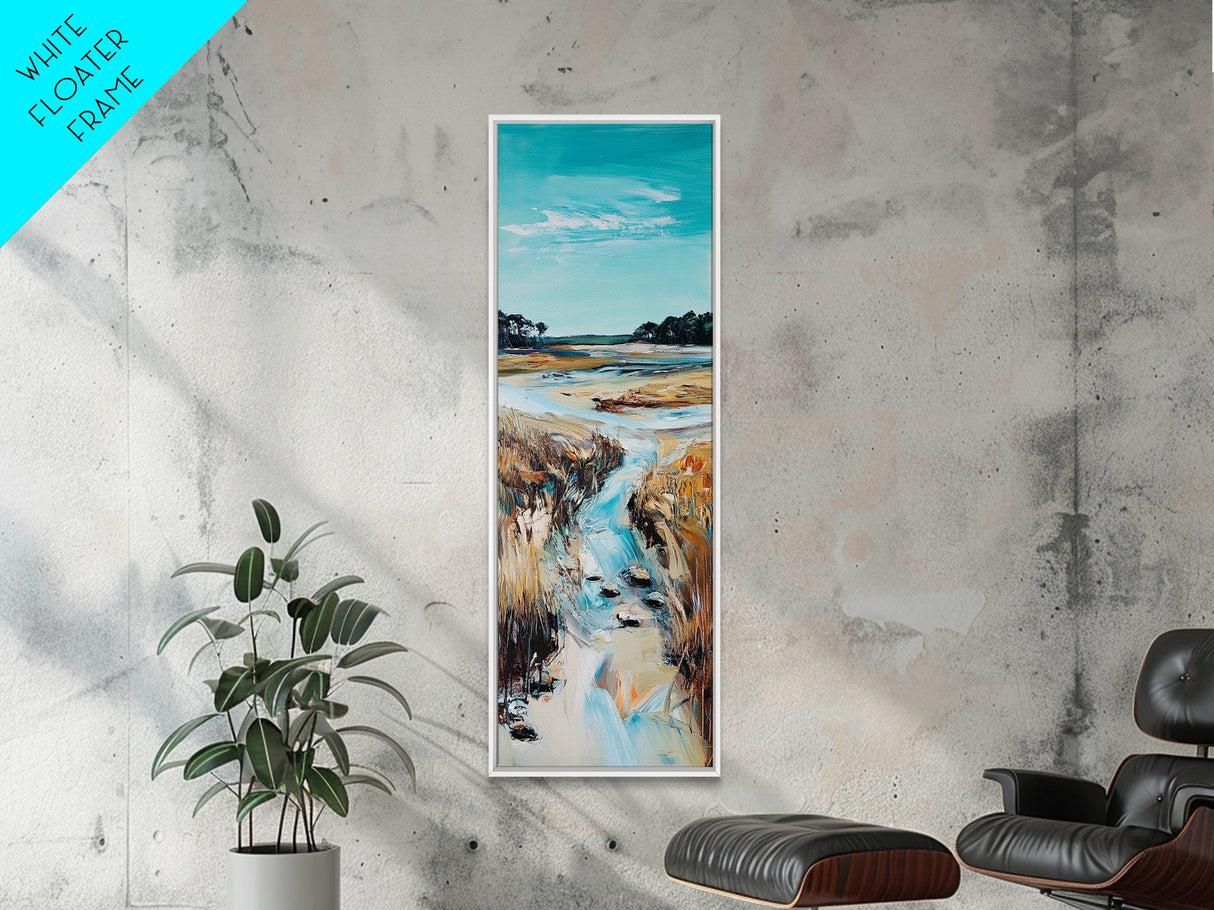 Marshland Stream, coastal landscape art, rustic wall art, farmhouse art, wabi sabi art, extra wide art, Canvas Print
