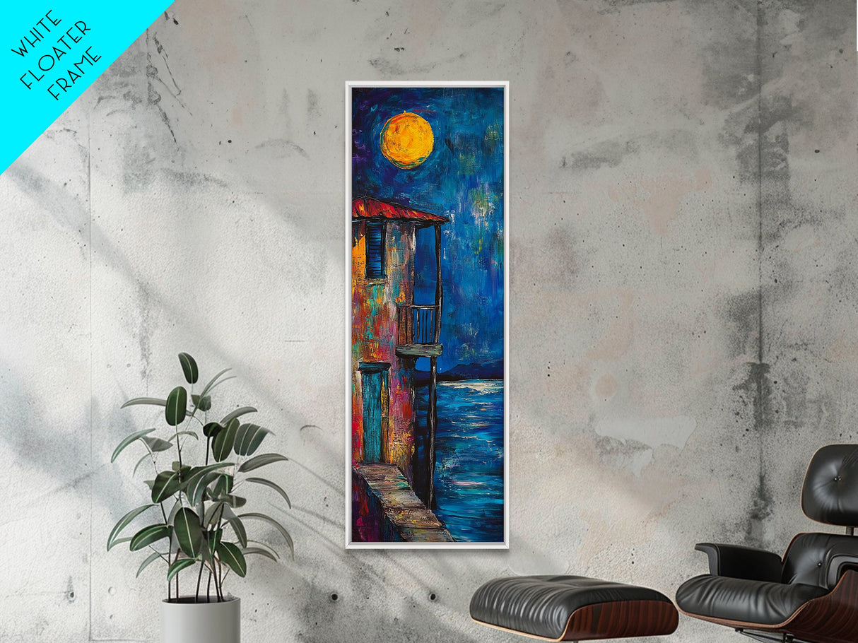 Moonlit Balcony, dark romance painting, moody art, boho art, textured painting, Framed Canvas Print, vertical wall art