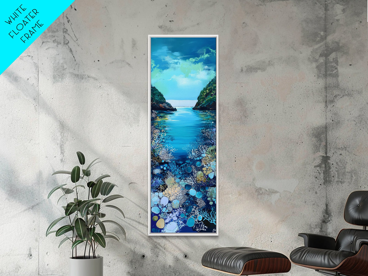 Underwater View, nautical painting, seascape painting, coral reef painting, blue and green wall art, Framed Canvas Print