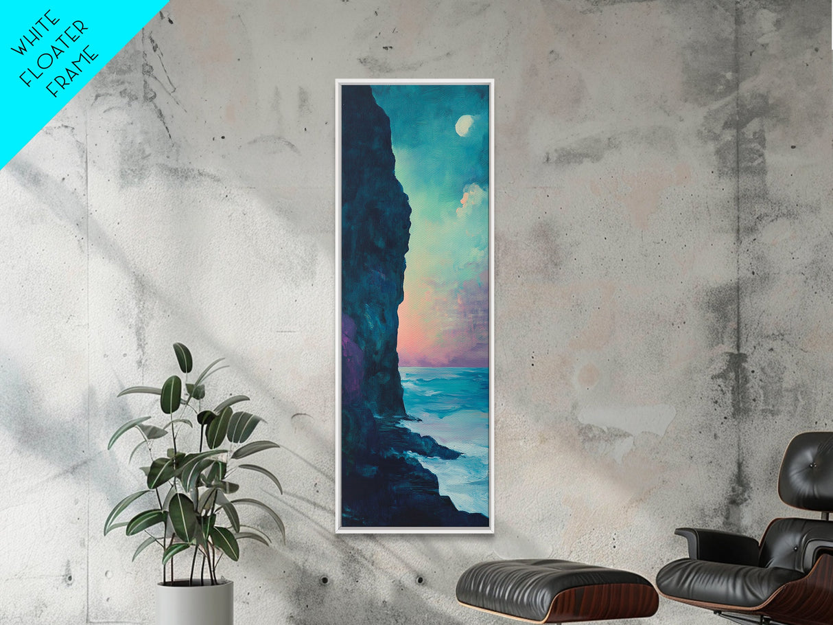 Cliffside Moon Painting, Moody Art, Coastal Wall Art, Landscape Painting, Ocean Art, Framed Canvas Print, Nautical Decor