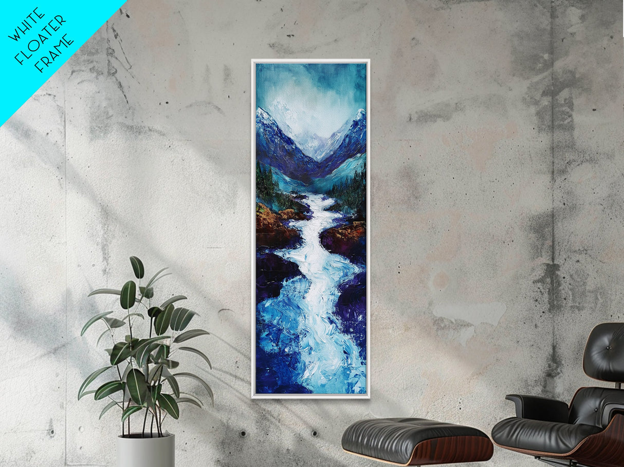 River in Mountains, moody landscape painting, smoky mountain art, rustic wall art, wabi sabi art, framed canvas print