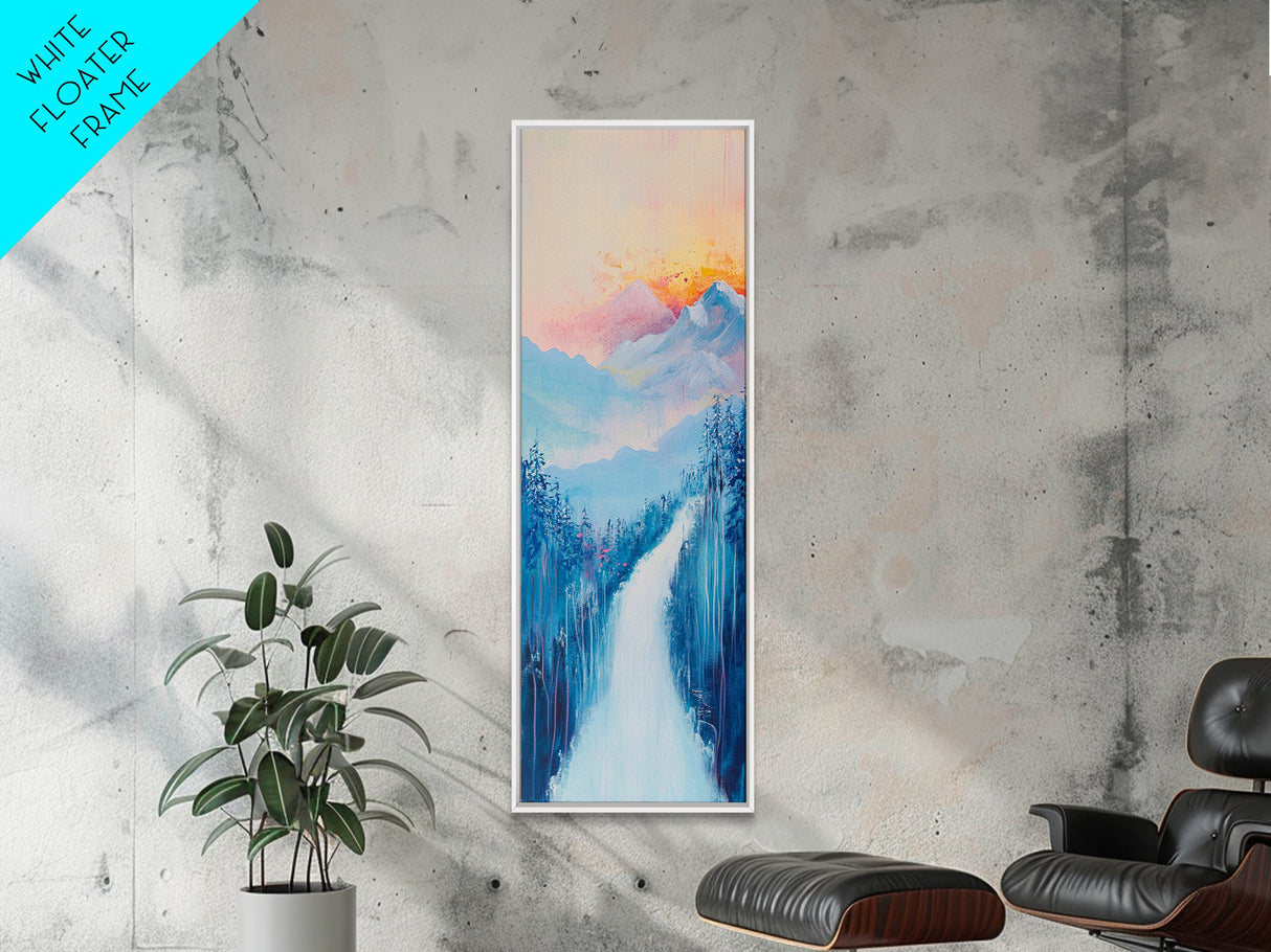Sunset Over Mountains, pink orange wall art, mountain painting, framed canvas print, extra wide art