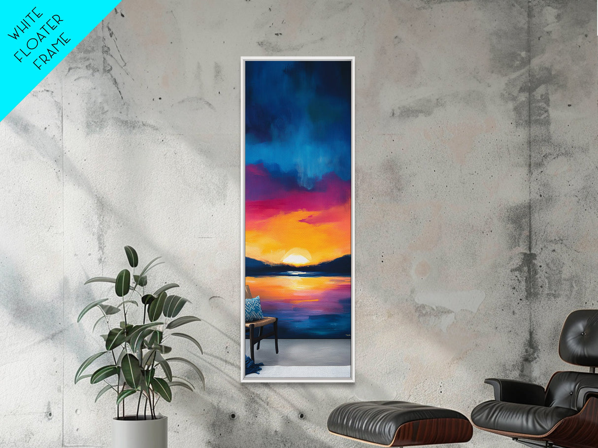 Sunset Over Water, Lake Tahoe Art, Bold Colors, Framed Canvas Print, Tall Narrow Art, Boho Art, Above Bed Wall Art, Panoramic Art