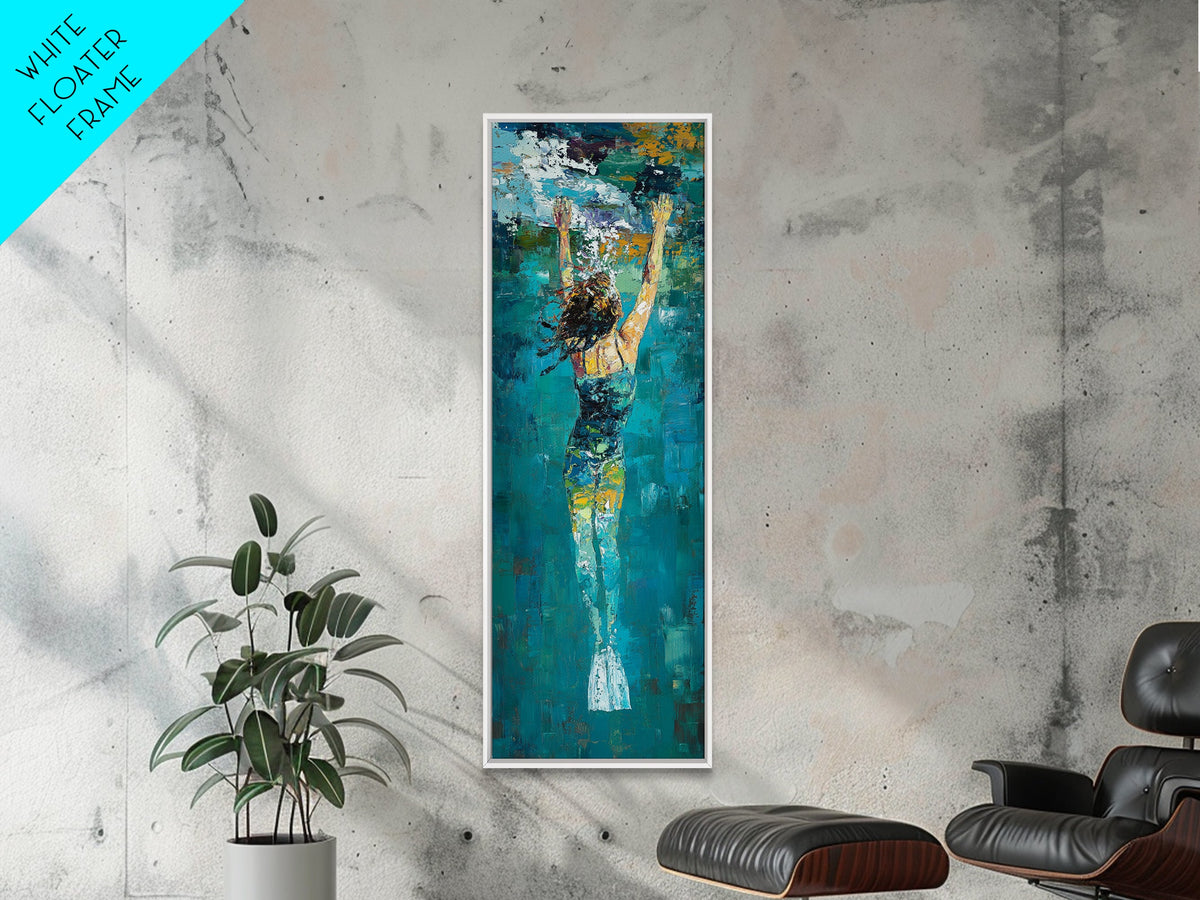 Woman Swimming, Coastal Painting, Framed Canvas Print, Surf Wall Art, Ocean Art, Blue and Green Wall Art, Abstract Art
