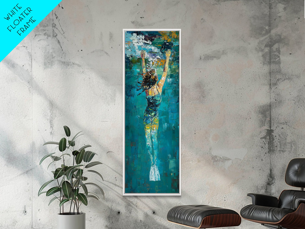 Woman Swimming, Coastal Painting, Framed Canvas Print, Surf Wall Art, Ocean Art, Blue and Green Wall Art, Abstract Art