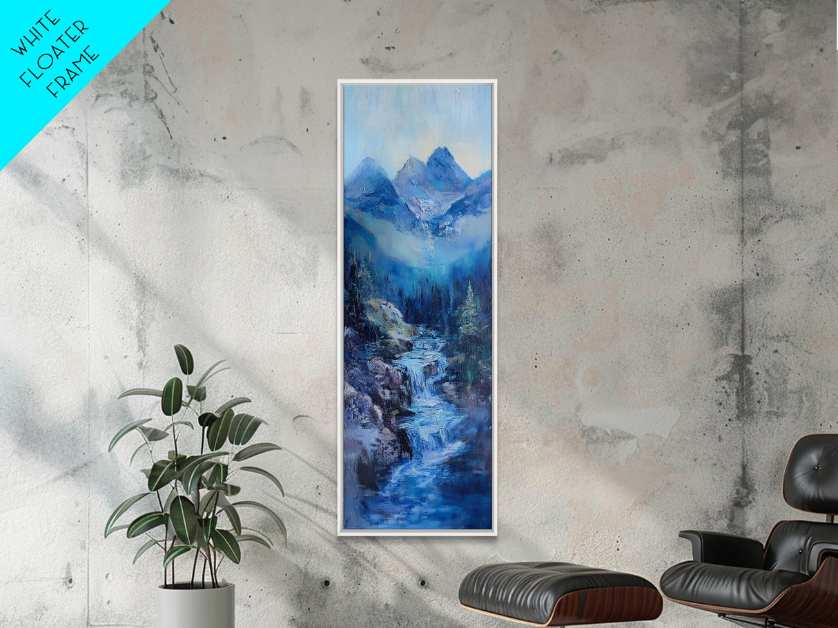 Waterfall Mountain, landscape painting, mountain painting, blue and green wall art, coastal decor, framed canvas print