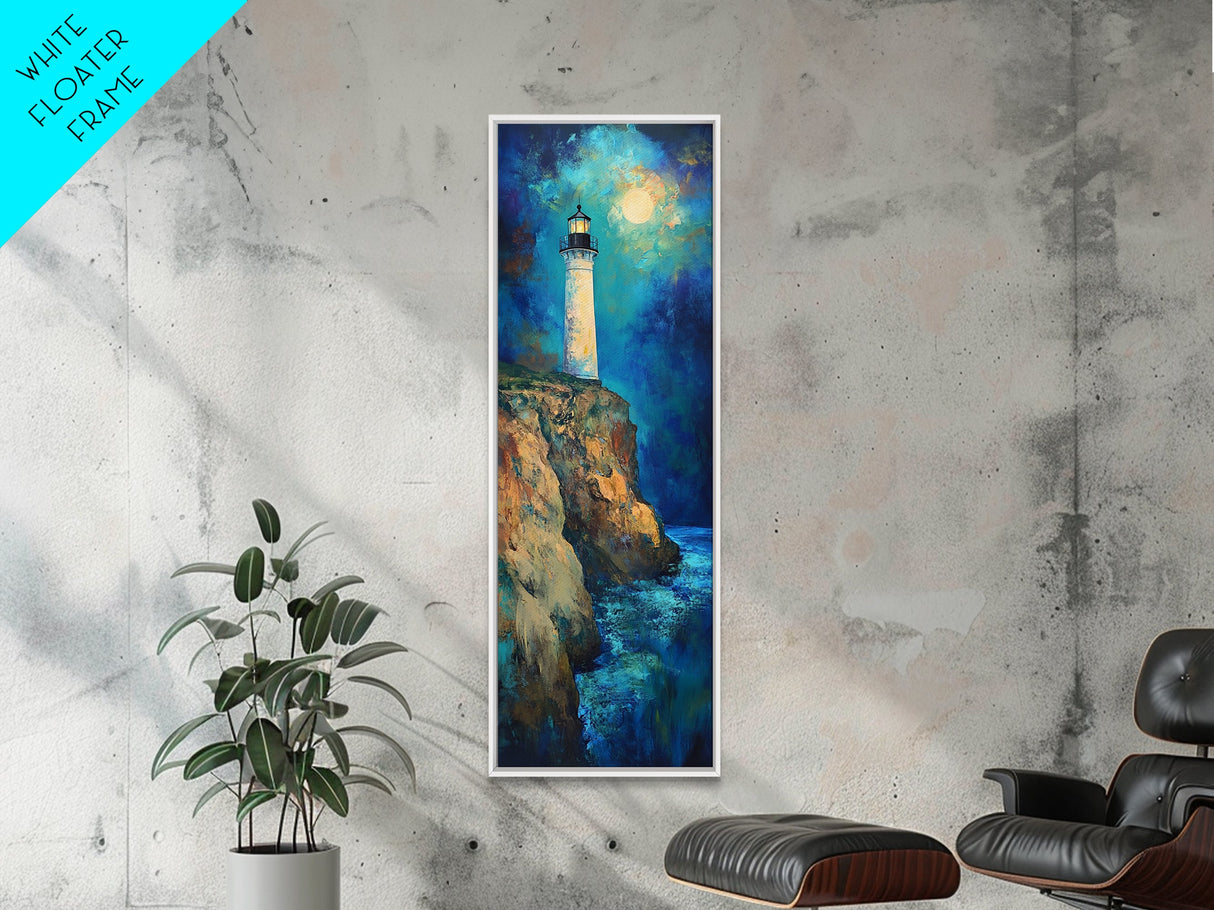 Lighthouse Painting, Moon Oil Painting, Nautical Decor, Coastal Wall Art, Seascape Painting, Canvas Print, Tall Narrow Art, Gift Idea
