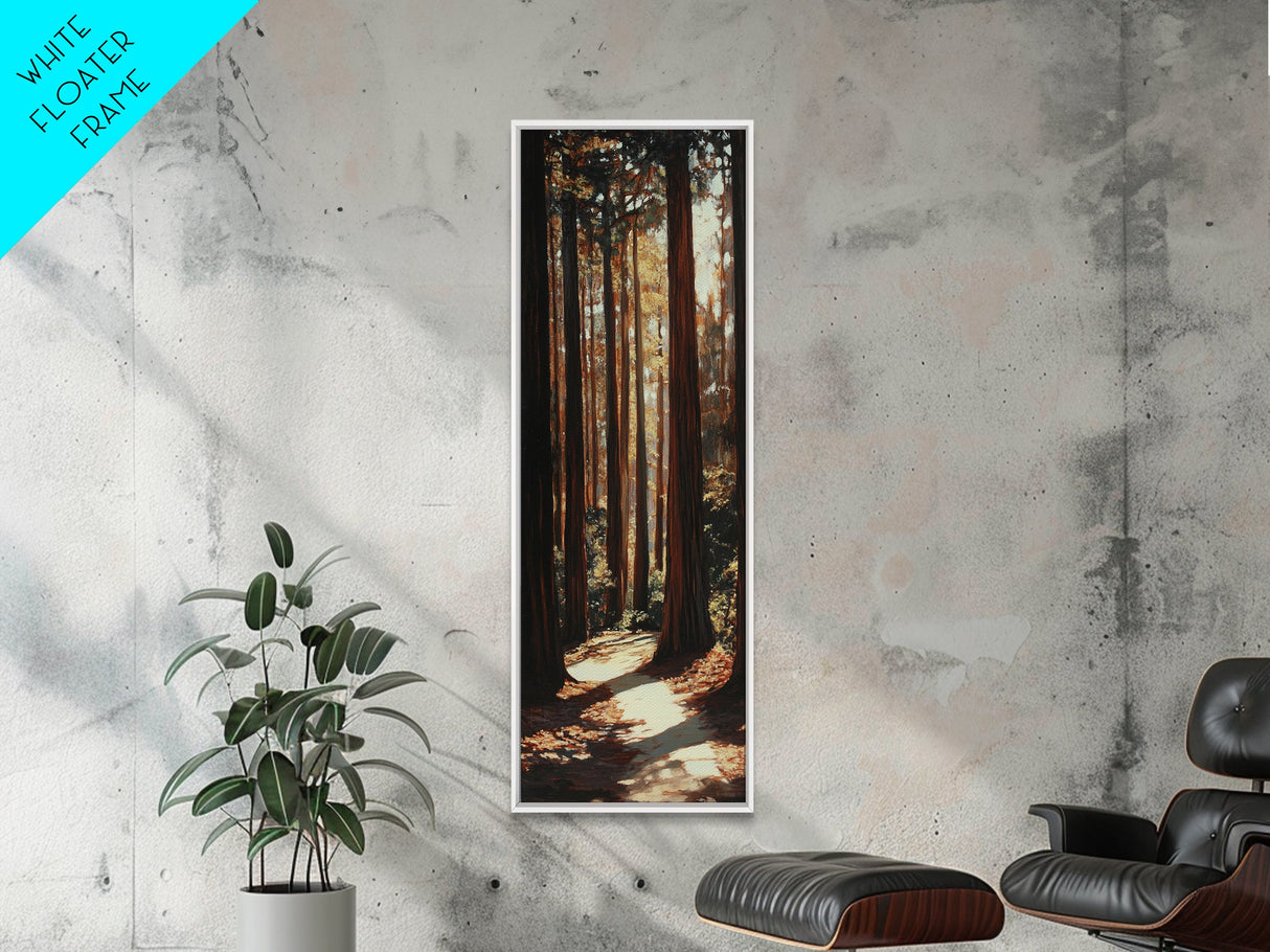 Redwood Forest, pine tree art, rustic decor, above sofa art, forest at dusk painting, wabi sabi art, tall skinny art, framed canvas print