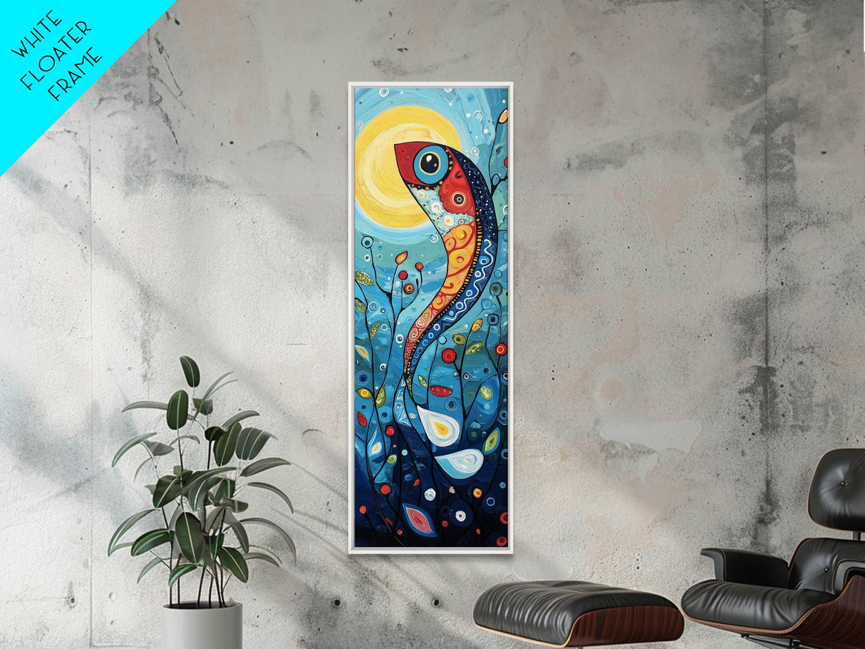 Koi Fish Fantasy, koi fish painting, whimsical art, framed canvas print, vibrant wall art, long narrow wall art, tall skinny art