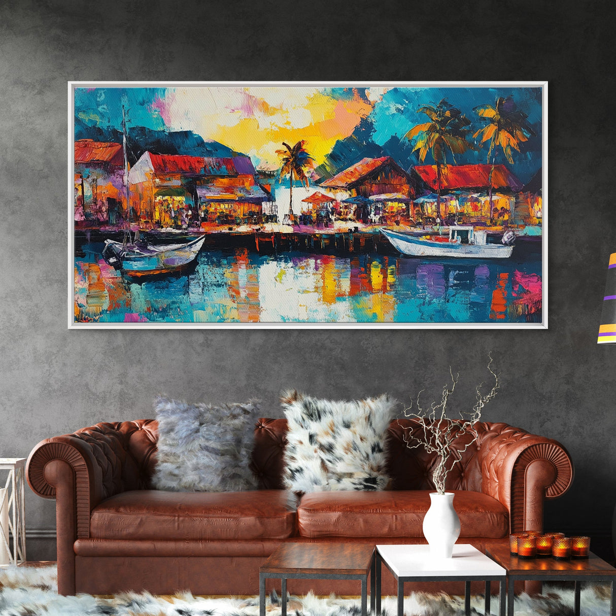 Coastal Village Painting, Nautical Wall Art, Tropical Landscape Art, Vibrant Art, Beach House Decor, Extra Wide Art, Canvas Print
