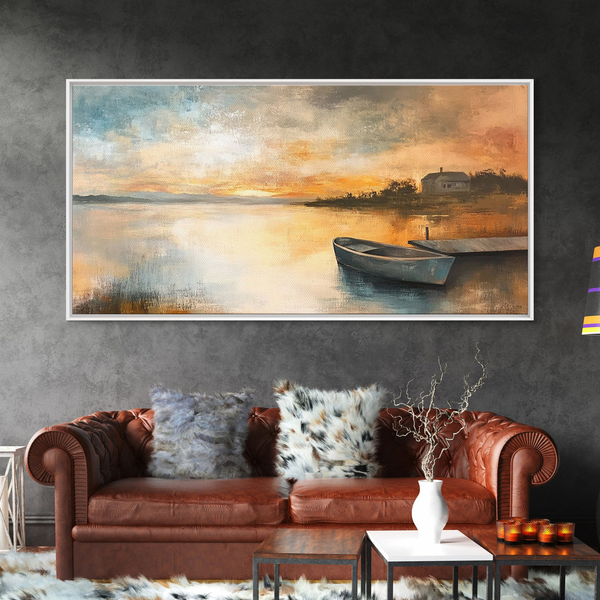 Sunset Reflection, lake painting, rustic decor, nautical painting, seascape painting, extra wide art, Canvas Print, landscape painting