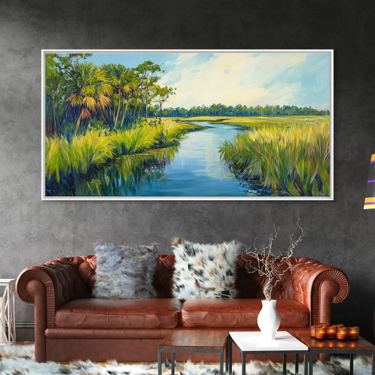 Marshland View, palm tree painting, tropical landscape, coastal decor, green wall art, rustic wall art, Framed Canvas Print