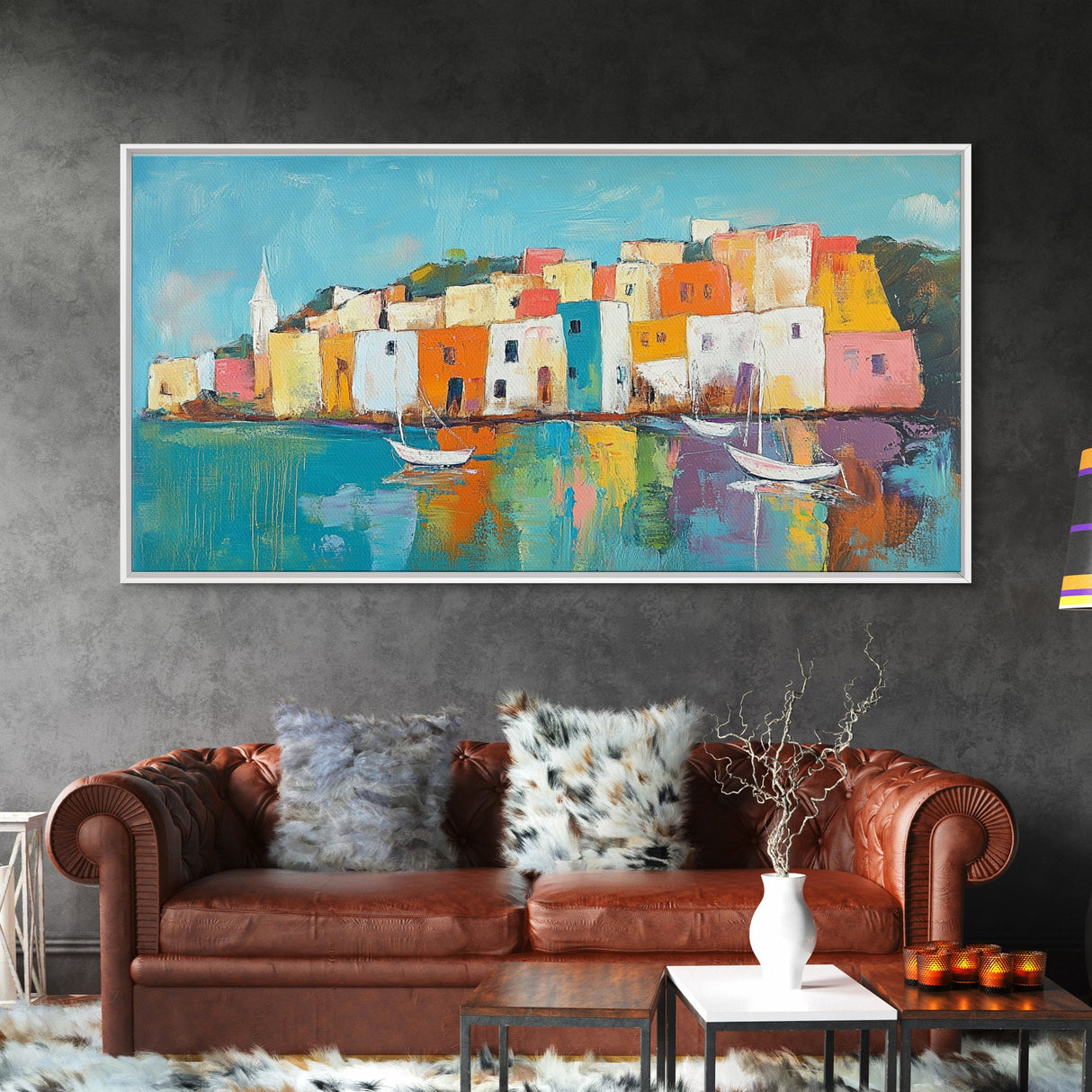 Mediterranean Village, coastal painting, Italy art, colorful homes, seascape painting, extra wide art, Canvas Print, panoramic art