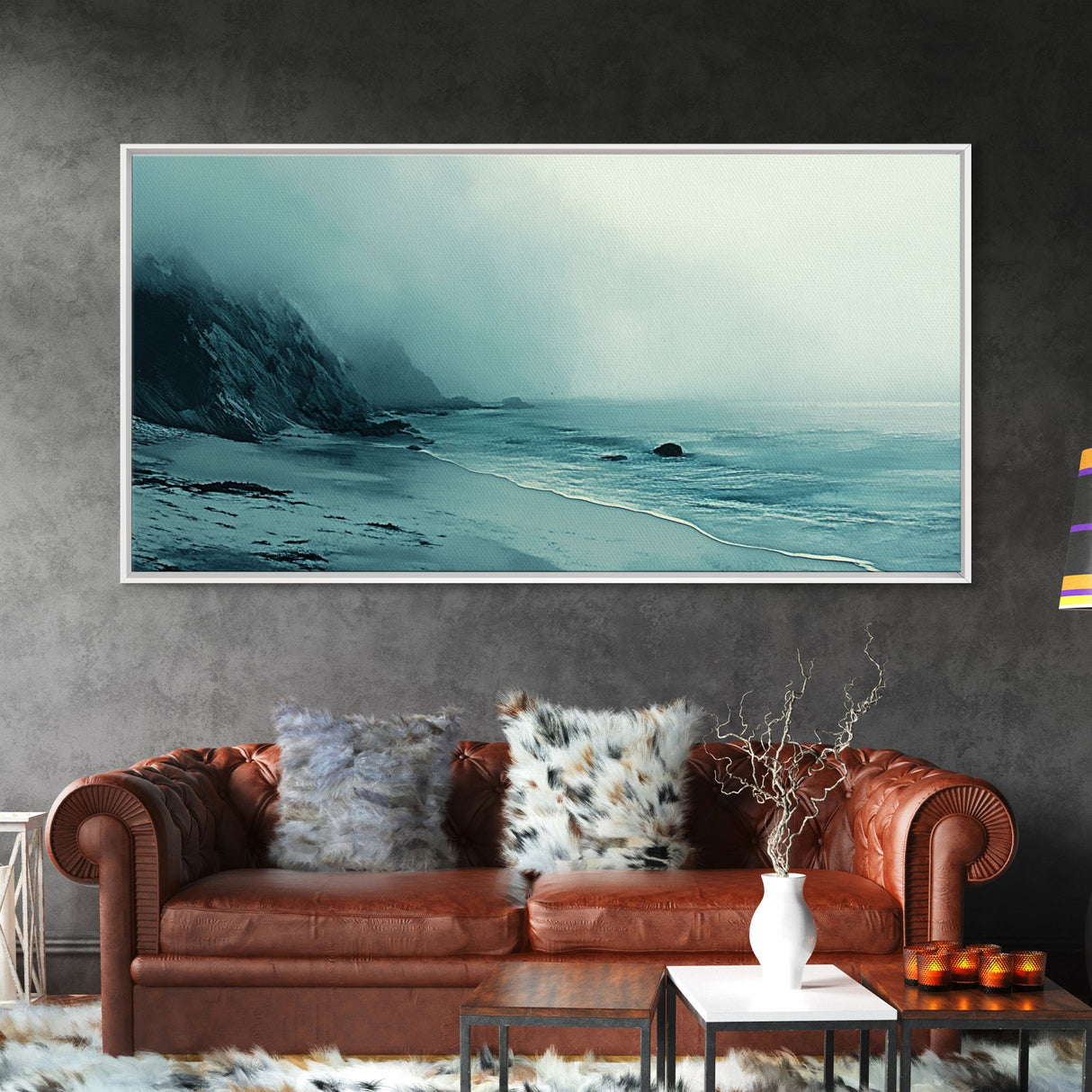 Foggy Beach, coastal decor, nautical painting, moody art, extra wide art, horizontal wall art, Canvas Print, bedroom art
