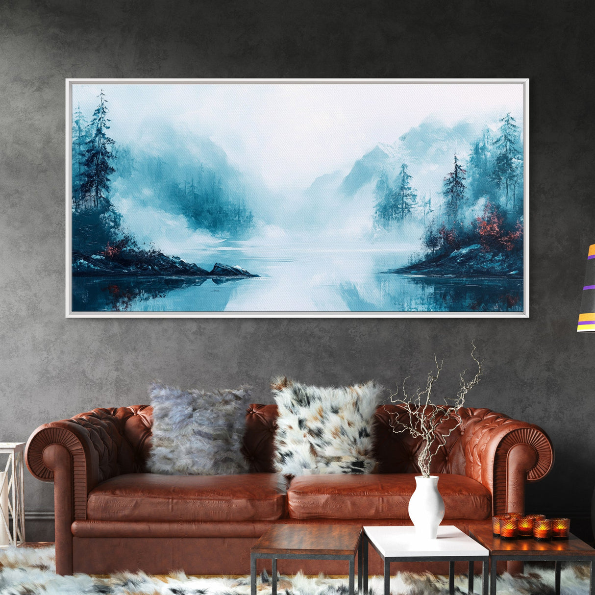 Misty Mountains, pine tree art, wabi sabi wall art, smoky mountain art, panoramic painting, nature painting, Framed Canvas Print
