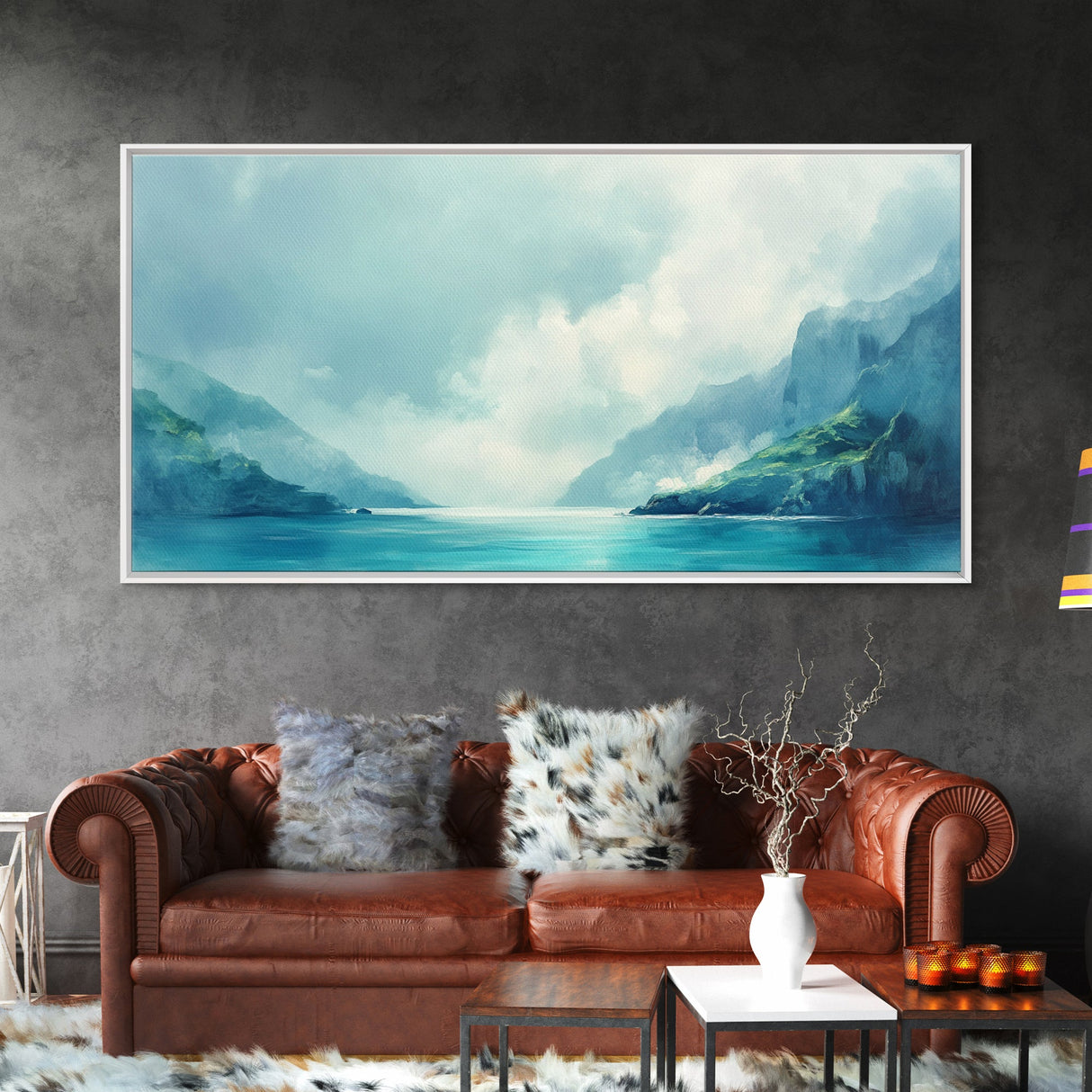 Serene Fjord, coastal landscape art, panoramic art, moody art, minimalist art, Canvas Print, above bed wall art, living room art
