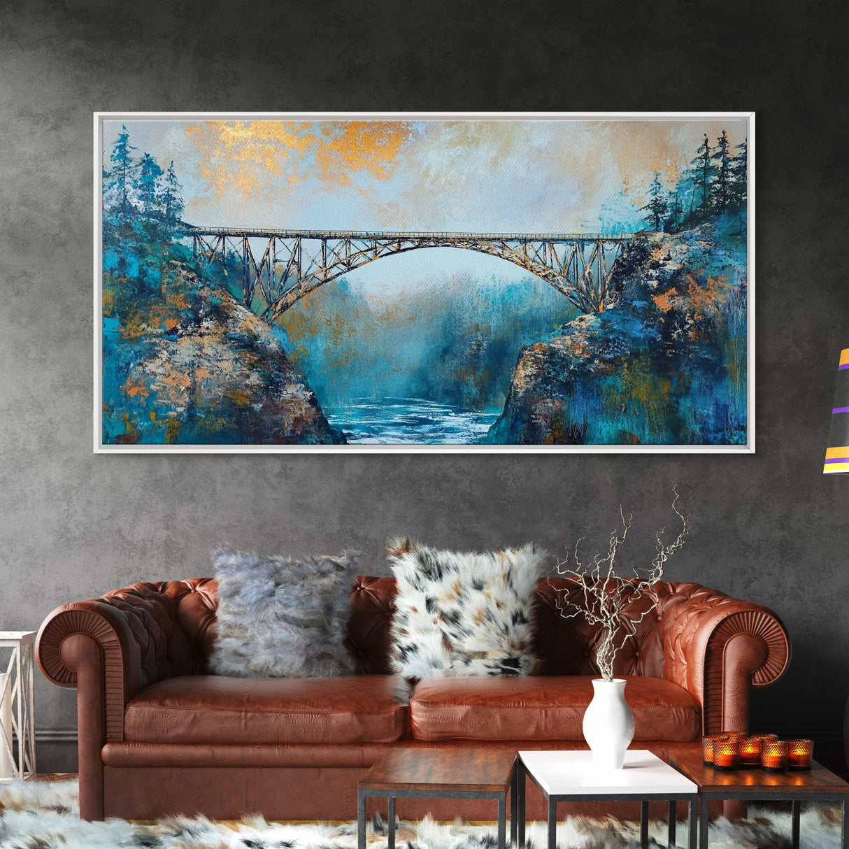 Steel Bridge, landscape painting, mountain painting, panoramic painting, framed canvas print, blue and green wall art
