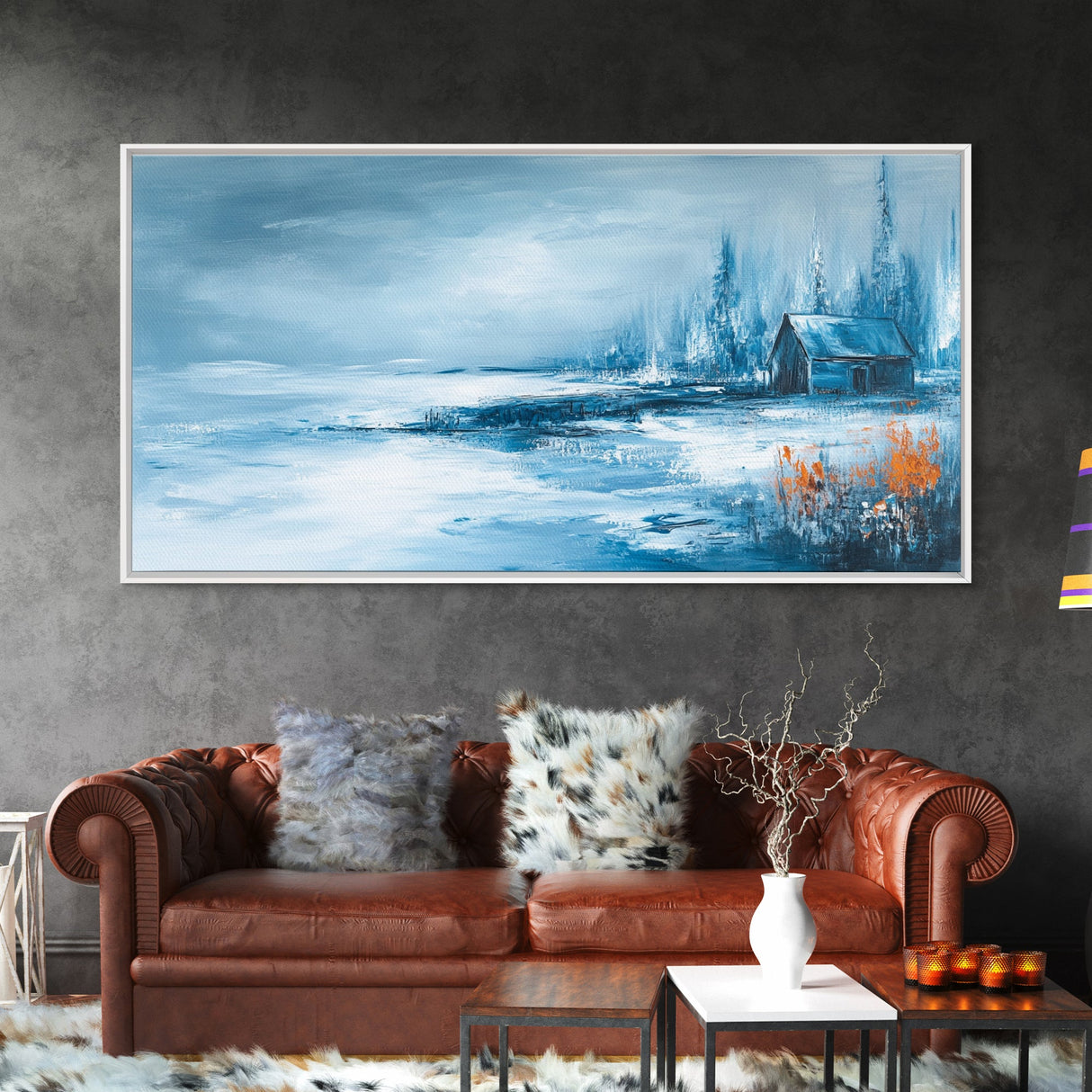 Winter Cabin, Framed Canvas Print, landscape painting, rustic decor, farmhouse art, moody art, above couch art, extra wide art