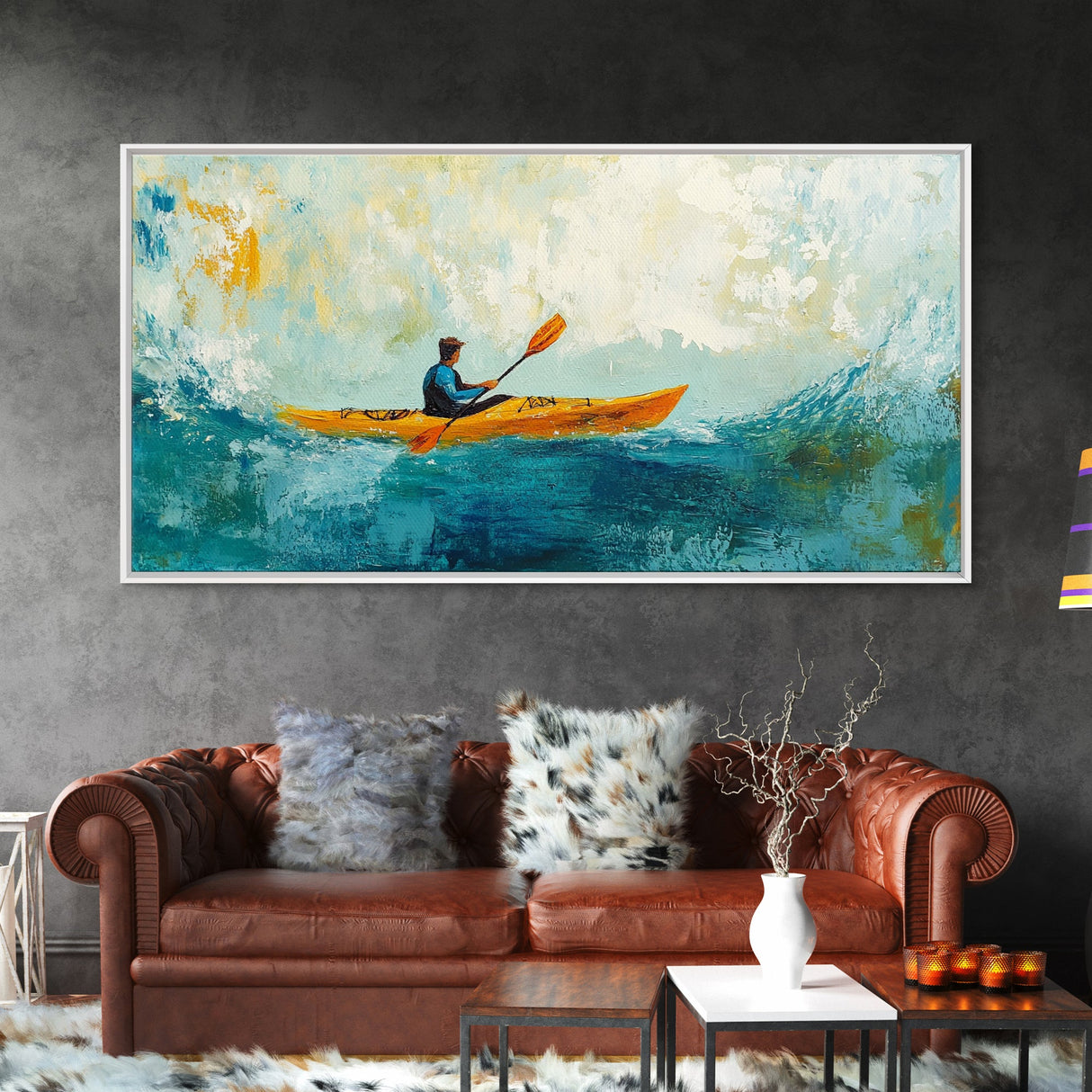 Kayaker at Sea, Canvas Print, fisherman painting, coastal painting, seascape painting, nautical decor, surf wall art, extra wide art