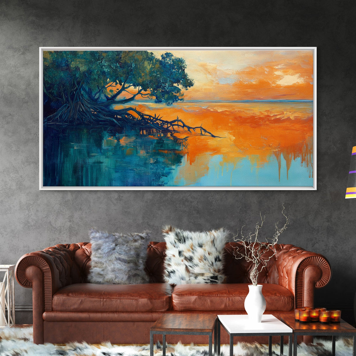 Mangrove Sunset Painting, coastal landscape art, blue and green wall art, seascape painting, nautical wall art, framed canvas print