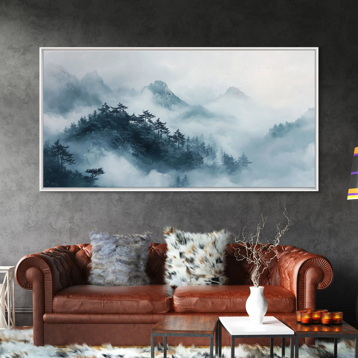 Misty Mountain, chinoiserie wall art, framed canvas print, zen wall art, mountain painting, panoramic painting, extra wide art