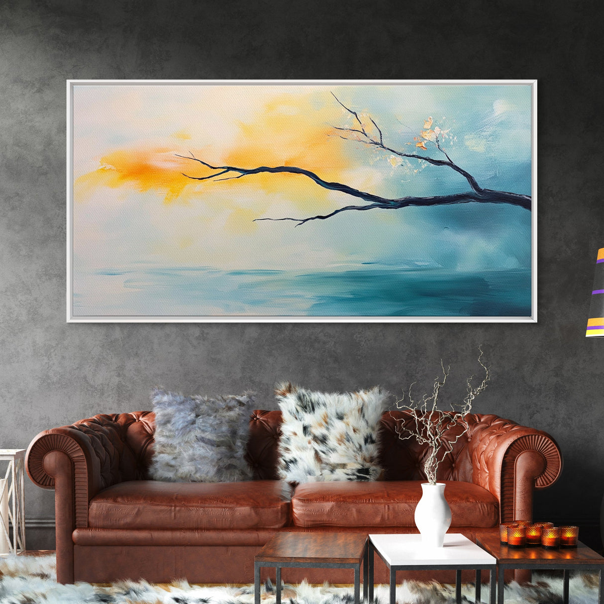 Cherry blossom painting, coastal decor, framed canvas print, minimalist art, abstract landscape, extra wide art, horizontal wall art