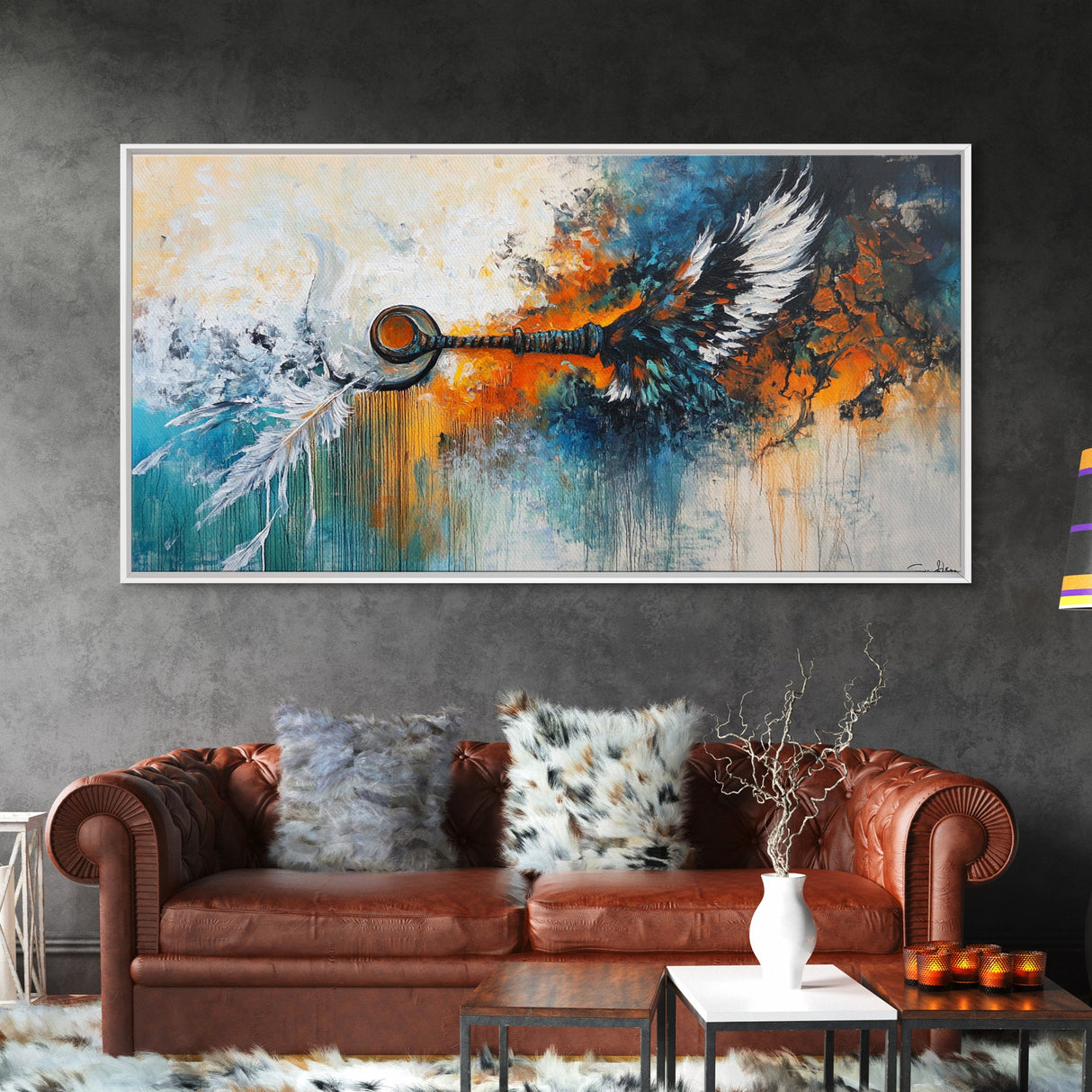 Whimsical art, framed canvas print, extra wide art, rustic wall art, abstract painting, steampunk wall art, eclectic home decor