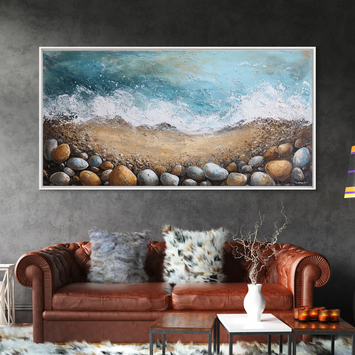 Oyster painting, coastal decor, framed canvas print, seascape painting, nautical wall art, extra wide art, textured beach painting