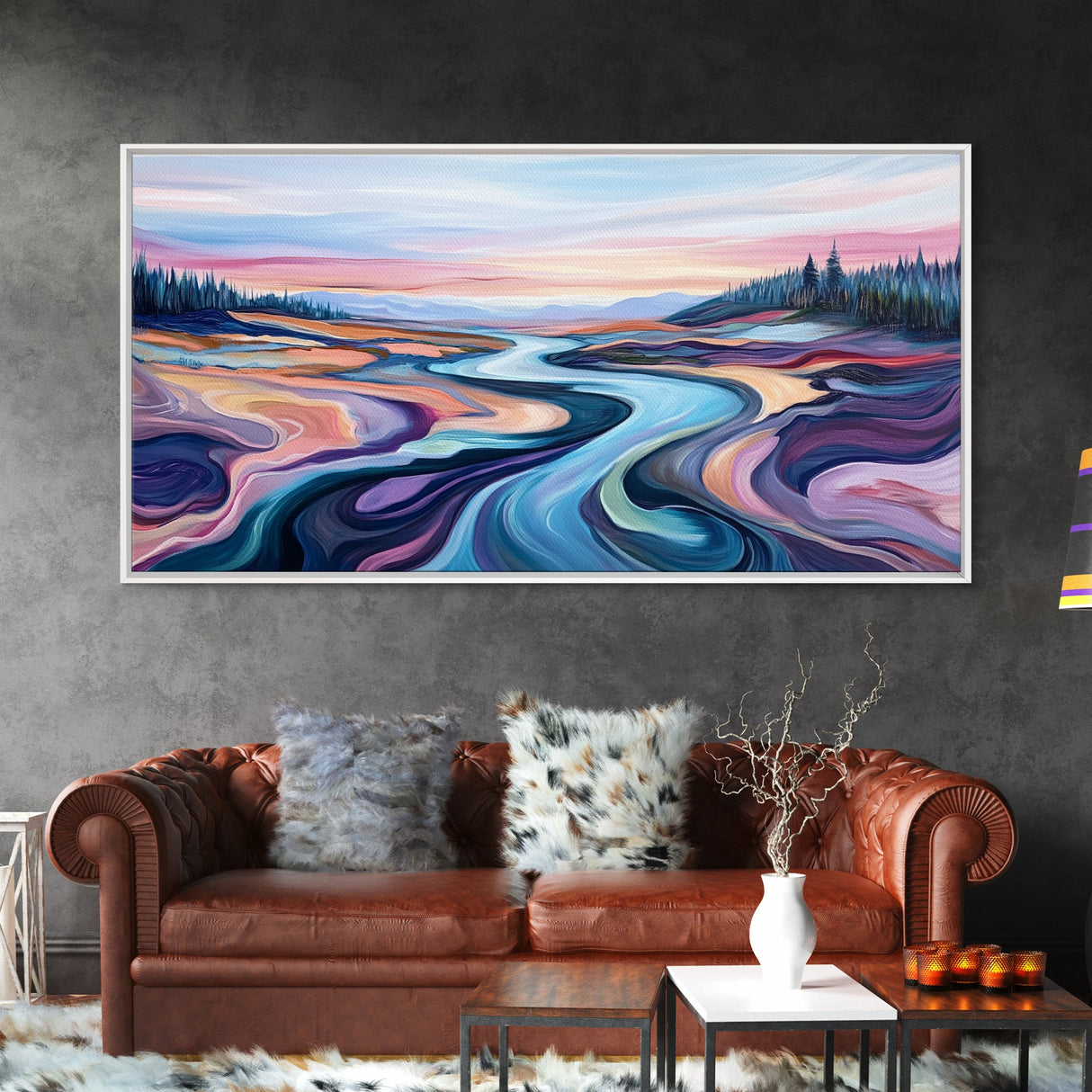 River Landscape, Abstract Art, Geometric Wall Art, Horizontal Wall Art, Extra Wide Art, Canvas Print, Living Room Art
