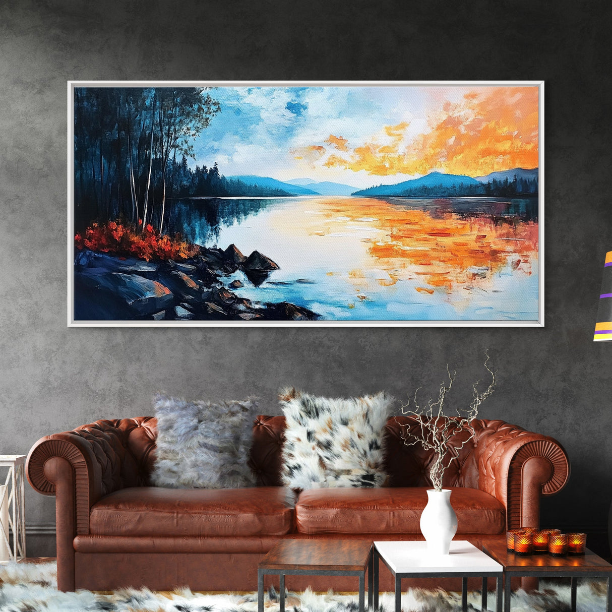 Sunset Lake Reflection, panoramic art, landscape painting, framed canvas print, mountain painting, extra wide art