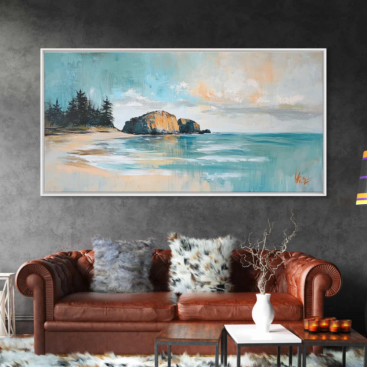 Serene Beach Landscape, framed canvas print, coastal painting, seascape painting, extra wide art, nautical wall art, bedroom art