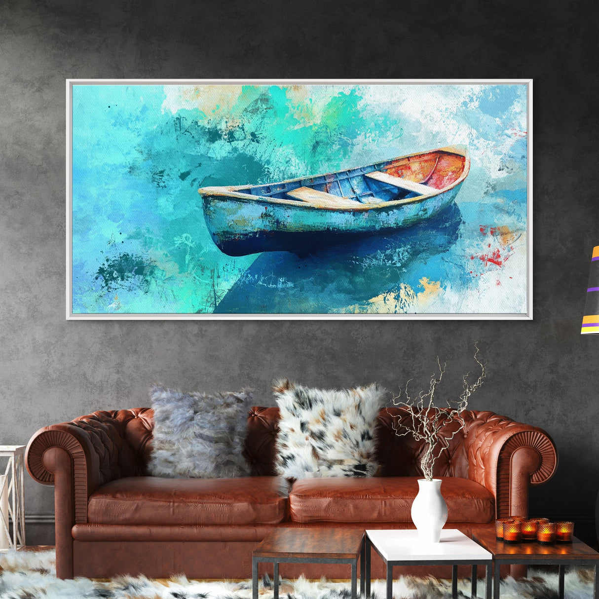 Floating Boat, teal watercolor, impressionist seascape, peaceful ocean, nautical painting, Canvas Print, coastal decor, rustic art