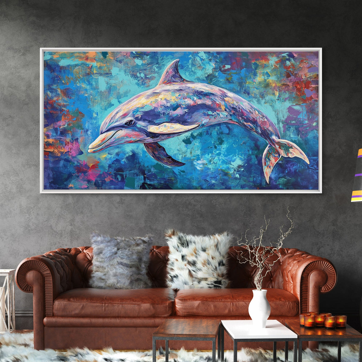 Dolphin Painting, blue and green wall art, coastal decor, nautical painting, framed canvas print, whimsical art, ocean wall art
