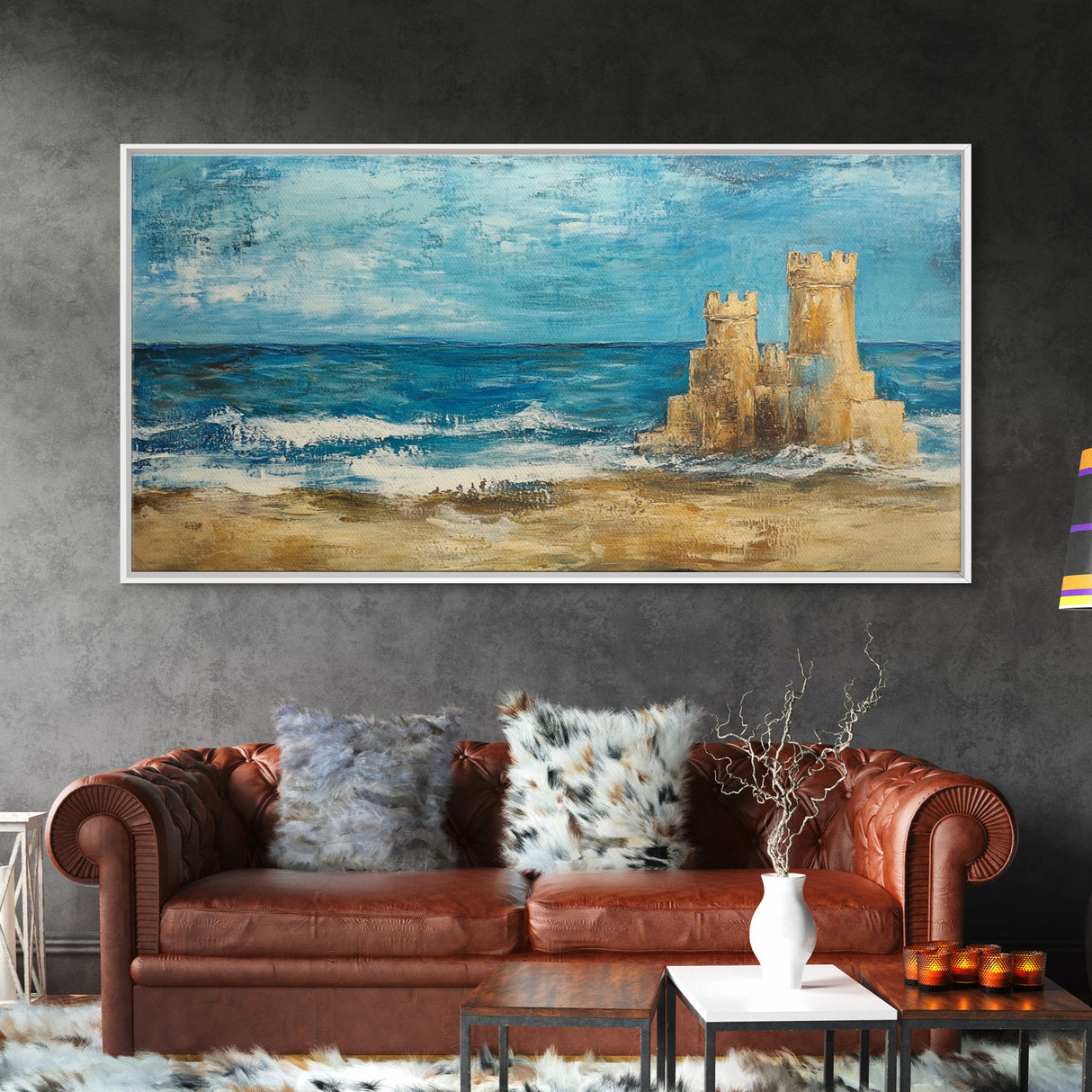 Sandcastle Painting, Coastal Decor, Beach House Wall Art, Nautical Painting, Framed Canvas Print, Seascape Art, Ocean Wave Painting