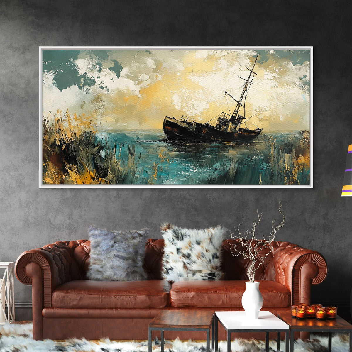 Shipwreck Painting, nautical painting, coastal wall art, moody art, fisherman painting, original painting, framed canvas print