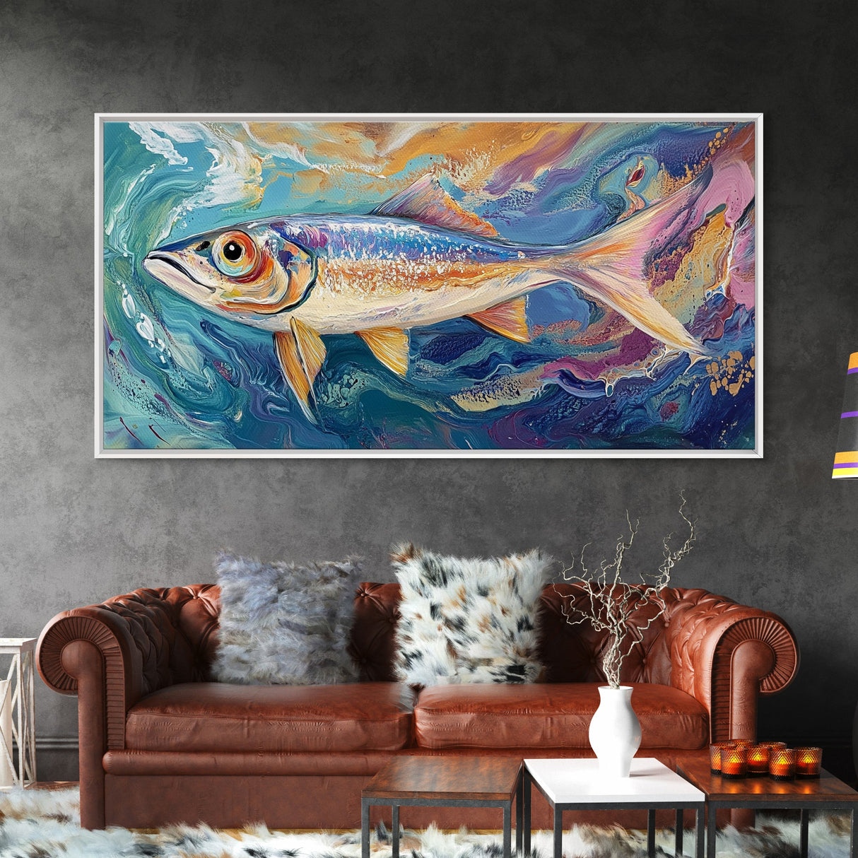 Vibrant Trout Art, fly fishing art, lake Tahoe art, trout art, coastal wall art, nautical decor, original painting, canvas print