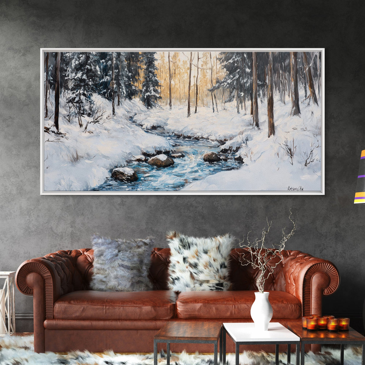 Birch Tree Painting, Snowy River Art, Winter Landscape, Framed Canvas Print, Farmhouse Art, Wabi Sabi Art, Tall Narrow Art