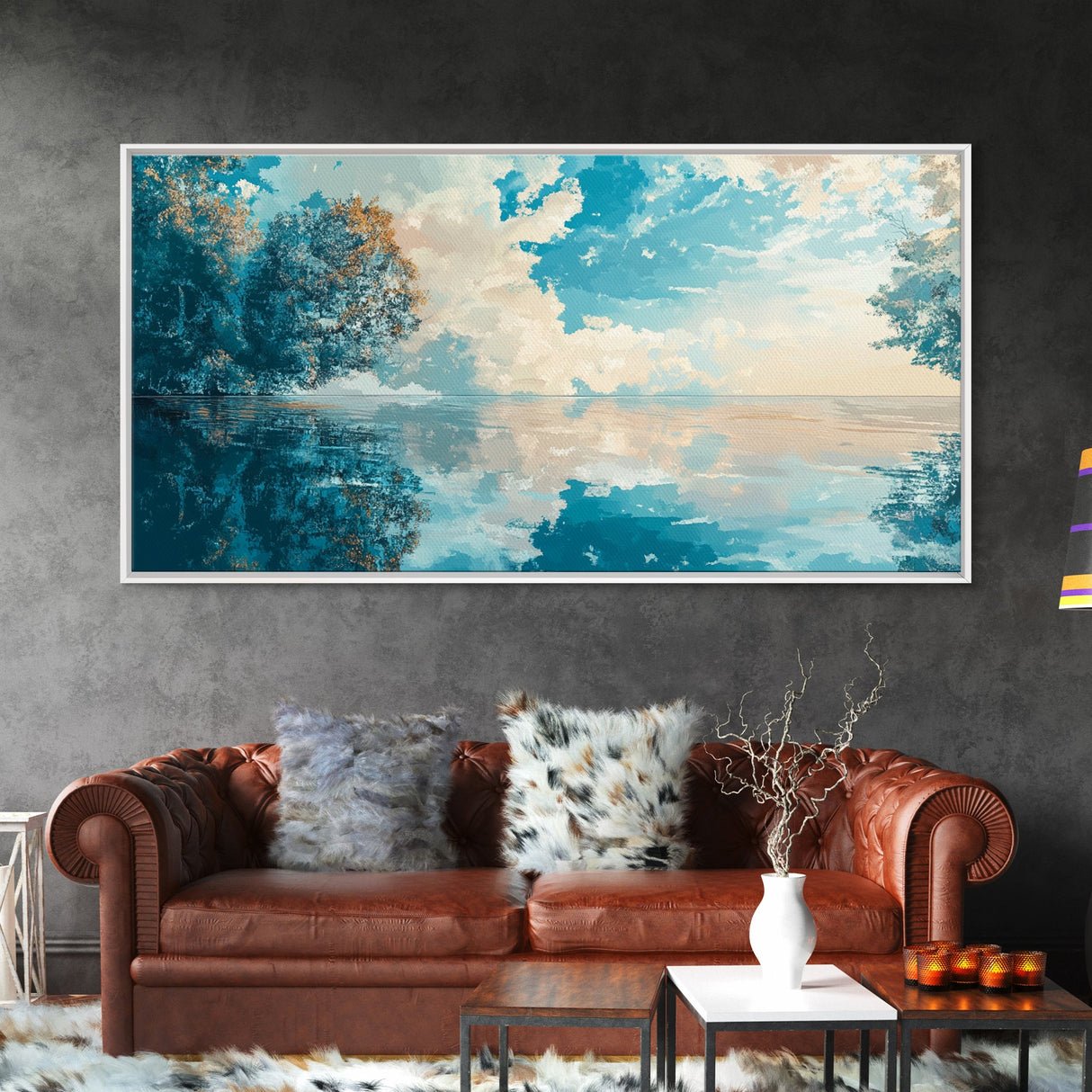 Reflective Lake Art, Tranquil Landscape, Wabi Sabi Art, Framed Canvas Print, Minimalist, Above Bed Wall Art, Panoramic Painting