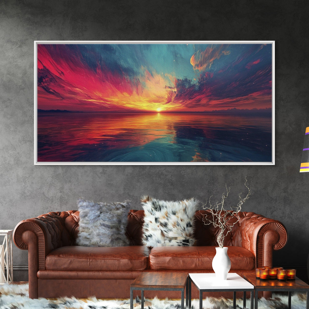 Cosmic Sunset, Dark Romance, Lofi Art, Moody Wall Art, Extra Wide Art, Above Couch Art, Framed Canvas Print, Bedroom Decor