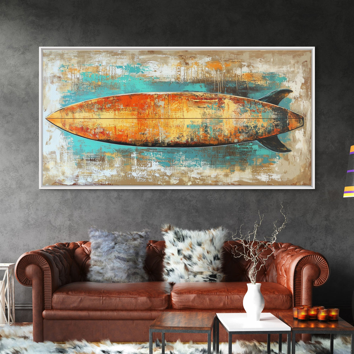 Rustic Surfboard, coastal decor, surf wall art, nautical painting, extra wide art, boho art, beach house decor, Canvas Print