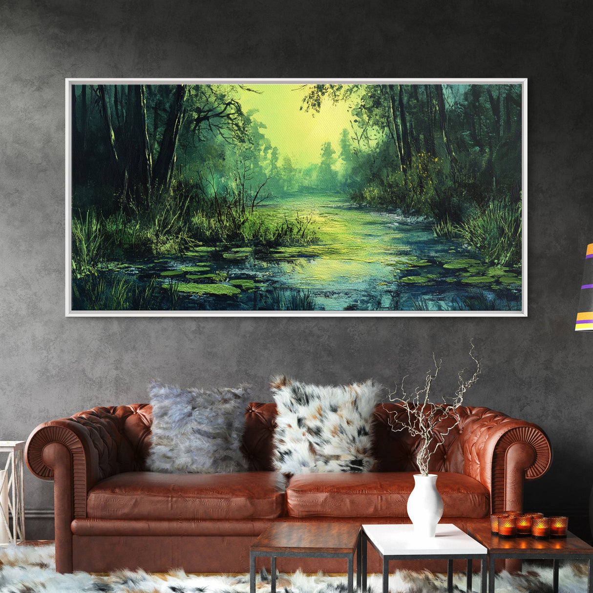 Forest Lagoon, green wall art, nature landscape painting, botanical prints, wabi sabi art, extra wide art, Framed Canvas Print