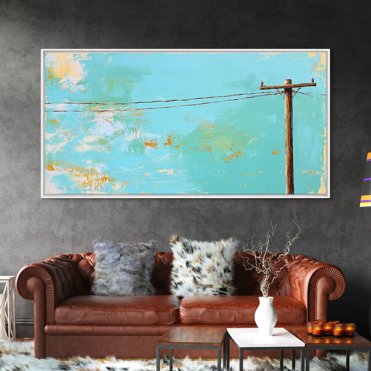 Power Lines, minimalist art, boho wall art, extra wide art, blue and green wall art, wabi sabi art, above sofa art, Canvas Print